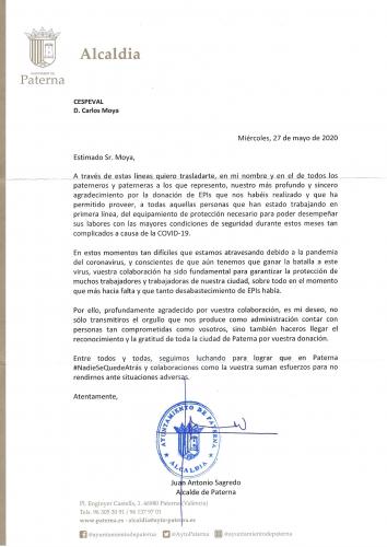 Carta Agradecimiento Ayuntamiento de Paterna